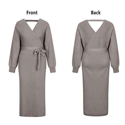 Vamjump Women's V Neck Long Sleeve Sweater Wrap Front Tie Waist Knitted Bodycon Dress,Khaki,S #TOP3