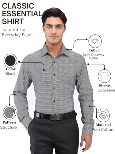 Image of Raymond Men's Slim Fit Formal Shirt | Pure Cotton Structured Weave Semi Cutaway Collar Business Wear Black