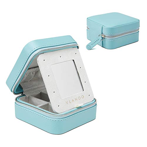 Vlando Small Mirrored Travel Jewelry Box Organizer with Zipper, Hand-Size Soft PU Leather Wooden Mini Mirrored Jewelry Storage Case for Bracelets, Earrings, Rings, Necklaces- Gifts for Girl(Blue)