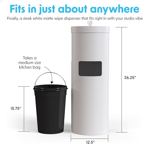 Image of Wipex White Wet Wipe Dispenser with Trash Bin: Durable Steel & Premium Silicone Port, Floor Stand for Gym Wipes - Fits Sanitizing Refill Rolls, Perfect for Schools, Fitness, & Public Facilities
