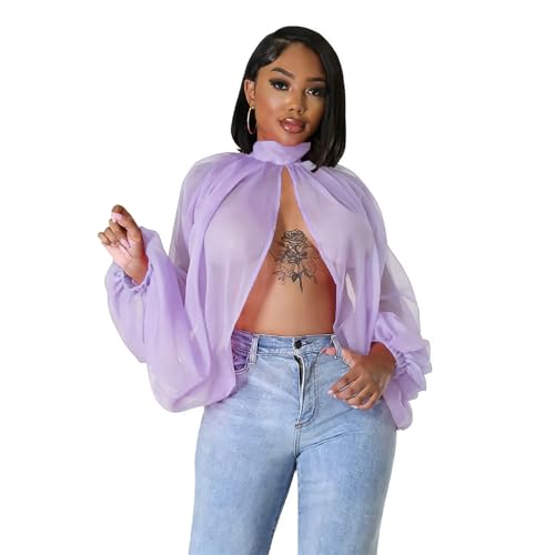 Sexy Tops for Women Party Club Night Summer Chiffon Sheer Batwing Sleeve Self Tie Back Front Open Women Shirts Lightpurple XXL