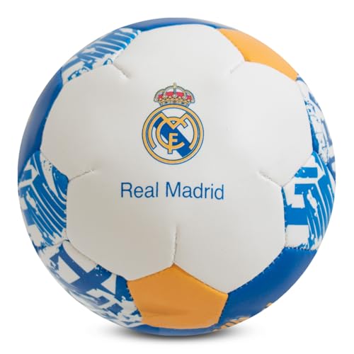 Hy-Pro Balón Suave con Licencia Oficial del Real Madrid CF de 4 Pulgadas, Ideal para niños, mercancía del Real Madrid, Gran Idea de Regalo, Blanco y Azul