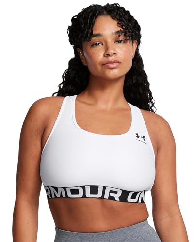Under Armour HeatGear Soutien Moyen Logo, Soutien-Gorge de Sport Confortable et Respirant, brassière Femme à Maintien modéré avec Bretelles croisées, White/Black, XL