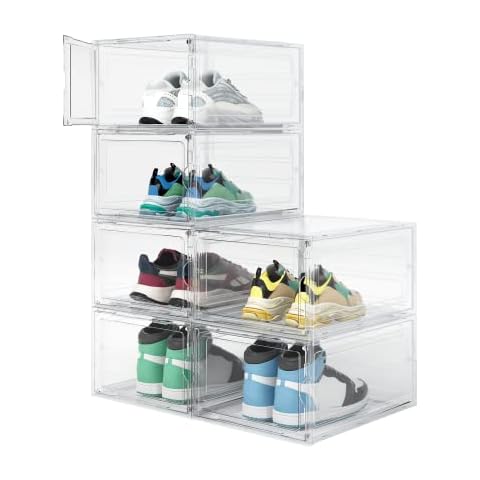 FUNLAX 6 pcs Shoe Box, Shoe Storage Boxes Clear Plastic Stackable, Shoe Containers with Magnetic Door, Sturdy Durable Plastic Shoe Organizer For Closet, Space Saving Shoe Holder Sneaker Display Case Cover