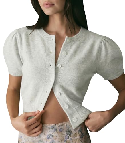 Image of Womens Puff Short Sleeve Cardigan Sweaters Cropped Button up Lightweight Y2k Knit Summer Cardigans