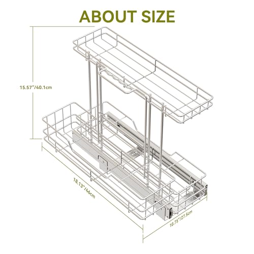 Image of 2 Tier Under Sink Organizer 11 inch W X18 D, Pull Out Cabinet Organizer One Removable Basket, Under Sink Slide Out Chrome Plated, Under Kitchen Bathroom Sink Organizer, 2 Pack