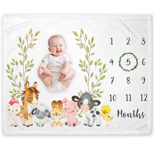 Image of Yuzioey Farm Animals Milestone Blanket, Farm Baby Growth Chart Monthly Blanket, Watch Me Grow Baby Nursery, Horse Cow Sheep Pig, Includes Marker (50"x40")