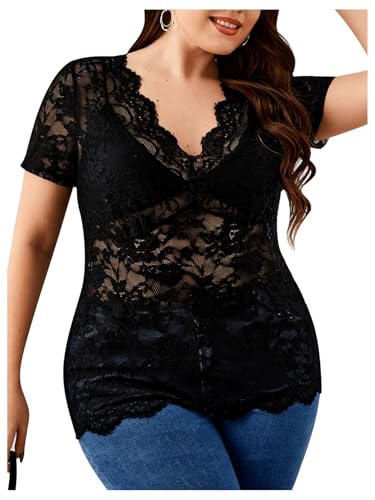 OYOANGLE Women's Plus Size Short Sleeve Floral Lace Blouse Mesh V Neck Slim Tee Shirt Top