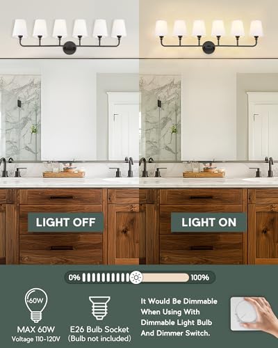 Image of Bathroom Light Fixtures, 42 Inch Matte Black Vanity Lights with Flared White Fabric Shade, 6-Light Wall Sconce, Modern Sconces Wall Lighting for Hallway Bedroom, VL837-MB-6
