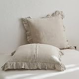 King Linens 100% French Linen Euro Shams with Ruffles - Set of 2 - Washed Solid Color Natural Flax S