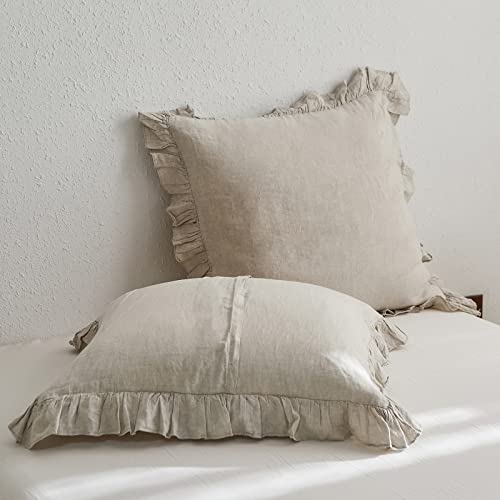 King Linens 100% French Linen Euro Shams with Ruffles - Set of 2 - Washed Solid Color Natural Flax Soft Breathable Pillow Covers - Linen, 26'' x 26'' by King Linens - Used condition - US$28.62