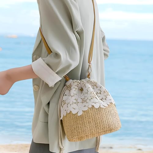 Bamboo Handbag, Beach Purse Bag Half Moon Bag, Straw Lace Woven Travel Sling Bag Shoulder Crossbody Bag for Women3