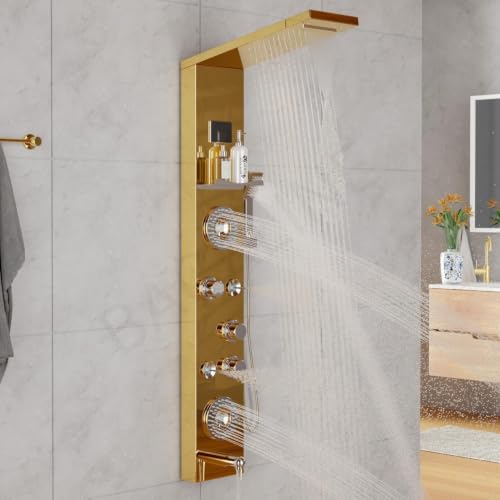 Image of Backline shower panel | 8 In 1 Shower System 304 Grade Stainless Steel Thermostatic Shower With Storage Shelf, LED Rainfall Shower,Hot & Cold Adjustable,Massage Spray,Hand Shower & Water Spout (Gold)