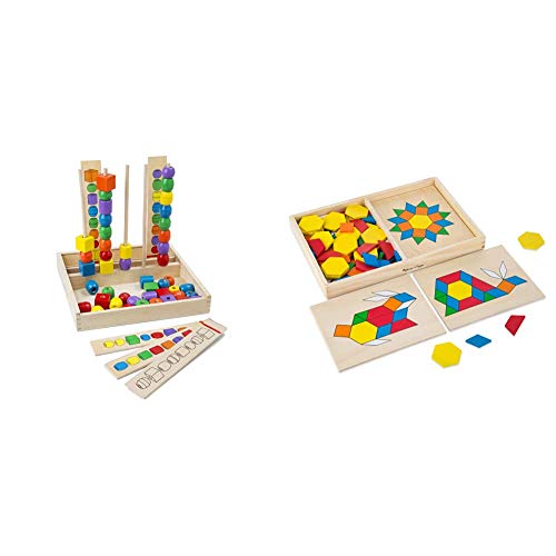 Melissa & Doug Bead Sequencing Set with 46 Wooden Beads and 5 Double-Sided Pattern Boards & Pattern Blocks and Boards