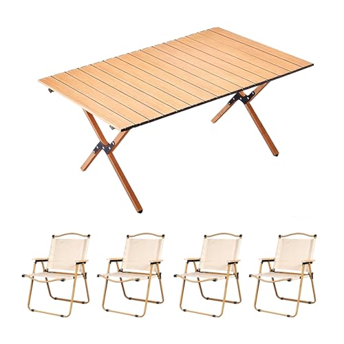 Juego de camping al aire libre con mesa y 4 sillas plegables, muebles portátiles para uso en interiores y exteriores, incluye bolsa de transporte, color caqui, tamaño 90 cm