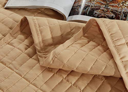 Grandlinen 3-Piece Bedding Catena Quilt Set Solid Sand Beige King Size 104" X 90" Bedspread With 2 Pillow Shams - Rectangle Box Pattern Soft Microfiber Coverlet #TOP2