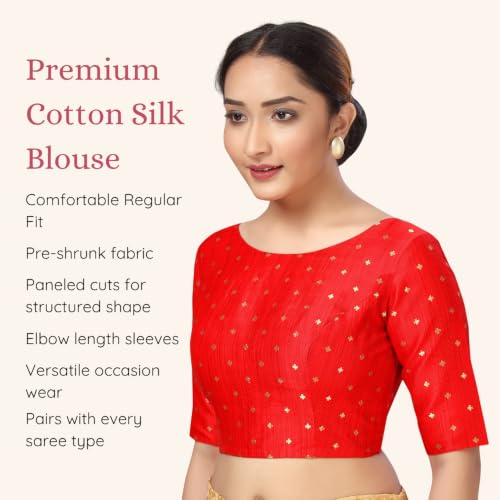 Image of Studio Shringaar Women Cotton Silk Silky Brocade Readymade Elbow Length Sleeves Saree Blouse Choli