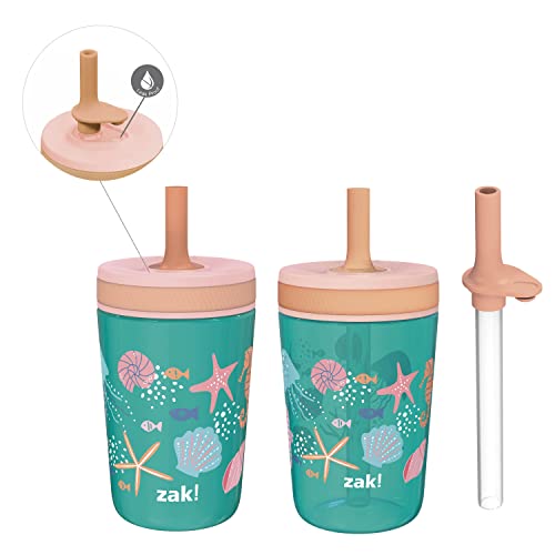 Image of Zak Designs Shells Kelso Tumbler Set, Leak-Proof Screw-On Lid with Straw, Bundle for Kids Includes Plastic and Stainless Steel Cups with Bonus Sipper (3pc Set, Non-BPA) 15 fl.oz.