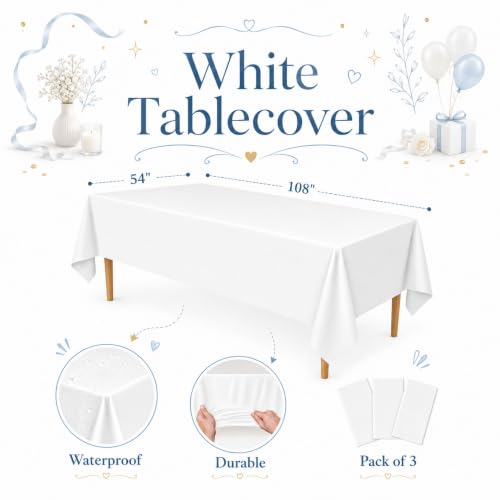 Image of Blue Orchards White Plastic Table Cover (Pack of 3 with 20 Glue dots) - 54 inch x 108 inch - White Waterproof & Disposable Tabcloth for Wedding, Bridal Shower, Baby Shower, Party Supplies, Decoration