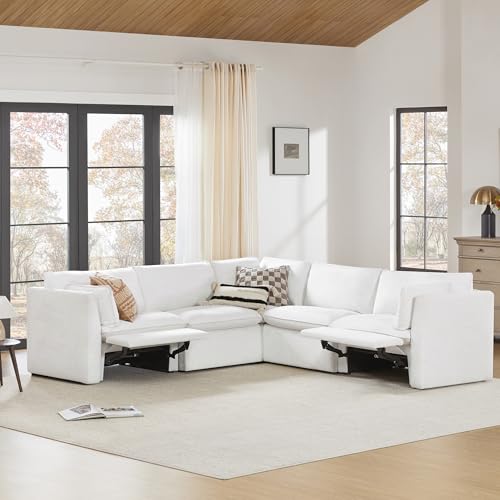 CHITA Power Sectional Down Filled Corner Sofa, Comfty Feather V Shape Power Modular, FSC Certified Modern Cloud Couch with Electric Footrests, 107 inch Width,5 Seat Sofa, Cream