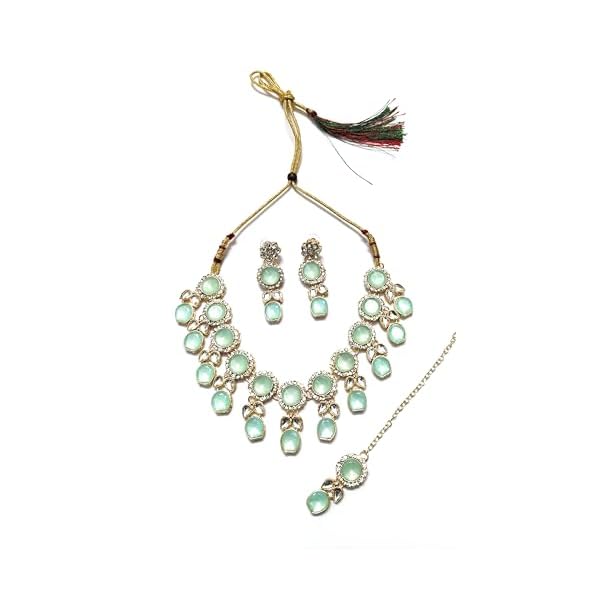 SHARVARI IMITATION JEWELLERY sea green kundan necklace set with studded earrings and maangtika