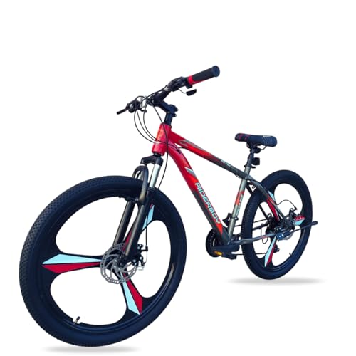 Image of RIDERBOY Mountain Cycle with Steel Frame, Disc Brake, Suspension Fork, 26 Inch, Single Speed, Red Grey, for Boys and Girls 13+ Years