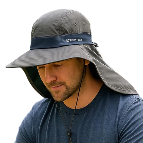 TOP-EX Mens Cooling Sun Hat for Big Heads Oversized Wide Brim UV Protection Cap with Neck Flap Outdoor Hiking Lawn Fishing Camping Hat for Large Head Men Dark Grey XL/XXL