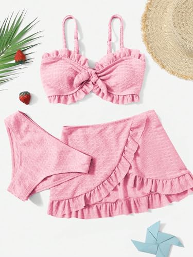 Image of SHENHE Girl's 3 Piece Cute High Waisted Ruffle Trim Swimsuit Bikini Sets with Beach Skirt