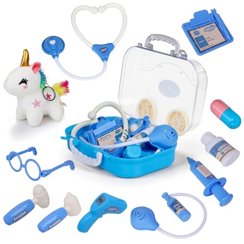 Doctor Kit for Toddlers 3-5 - Kids Veterinarian Playset with Plush Unicorn, Stethoscope & Portable Storage Box - Medical Pretend Play Toddler Toy Gift for Boys Girls Ages 3+, 12 Pieces, Blue