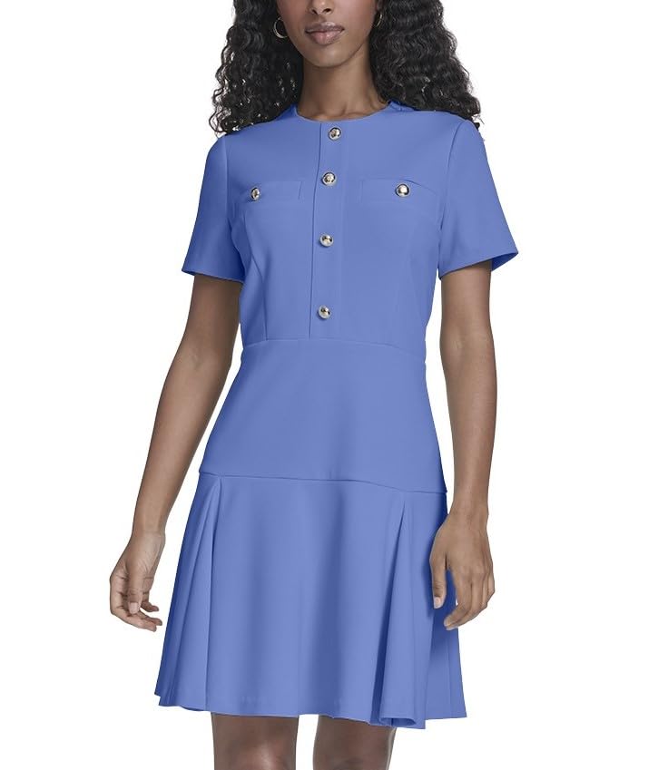 Image of Tommy Hilfiger Women's Short Sleeve Button Front Sparkle Boucle Knit Fit and Flare Mini Dress
