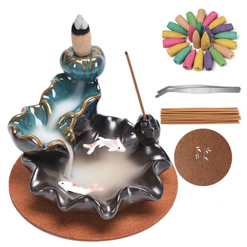 Ceramic Waterfall Backflow Incense Burner Holder, Home Aromatherapy Decoration Ornament with 30 Backflow Incense Cones and 50 Incense Sticks