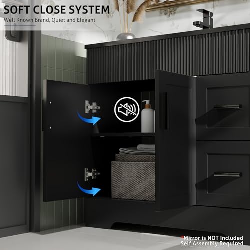 Image of eclife 36 inch Bathroom Vanities Sink Combo with Painted Surface, Modern Drawered Cabinet W /Decorative Wave Lines, Undermount Black White Sink, Matte Black Faucet Drain, Black