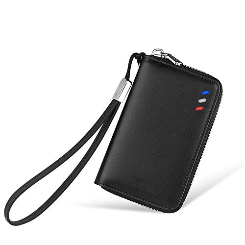 Preisvergleich Produktbild Autoschlüssel Fall, Unisex erste Schicht Leder Autoschlüssel Kette Multifunktions Schlüsseltasche Schlüsseltasche Leder Reißverschluss Geldbörse Männer schwarz Handgelenk Band Haken,Black
