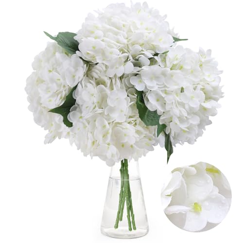 merakdoira Hydrangea Artificial Flowers, 4 PCS Single Long Stem Faux Flowers, 19.6Inch Large Real Touch Fake Flowers Bouquets for Wedding, Home Party, Table Centerpiece, Room & Office Decor(White)