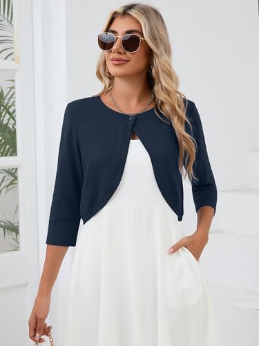 Image of Heymoments Women's 3 /4 Sleeve Casual Shrugs Lightweight Open Front Cropped Cardigan for Dresses