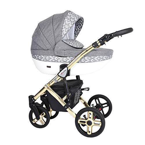 KUNERT Kinderwagen MILA PREMIUM CLASSIC Sportwagen Babywagen Autositz Babyschale Komplettset Kinder Wagen Set 3 in 1 (Grauer Würfel, Rahmenfarbe: Gold, 3in1)