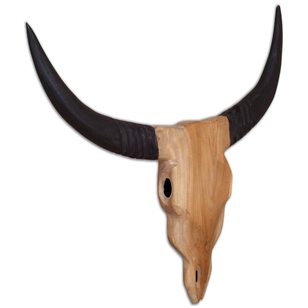 Wandmontierte Stierkopf Skulptur aus Teak, handgefertigte Figur für Wohnzimmer, Deko für Regal, Kaminsims, Fensterbank, Eingang, Terrasse und Balkon, 69 x 6 x 60 cm