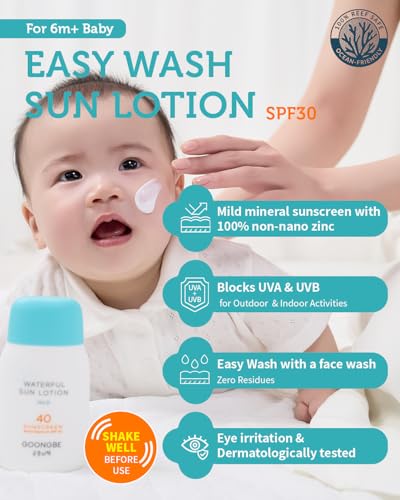 Image of GOONGBE Baby Easy Wash Sun Lotion SPF 30 & Soothing Water Gel Cream - Korean Zinc Oxide Mineral Sunscreen & Cooling Moisturizer - Vegan Hypoallergenic for Ages 0-3, Lotion 2.11oz & Gel Cream 3.38oz