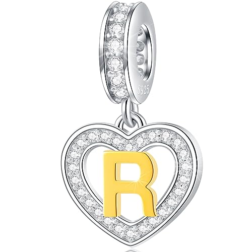 Image of GLOWDAS 18K Gold Plated Letter Charms Initial A to Z Necklace Pendant, 925 Sterling Silver CZ Heart Dangle Alphabet Beads fit European DIY Bracelet, Gifts for Valentiens /Christmas /Family