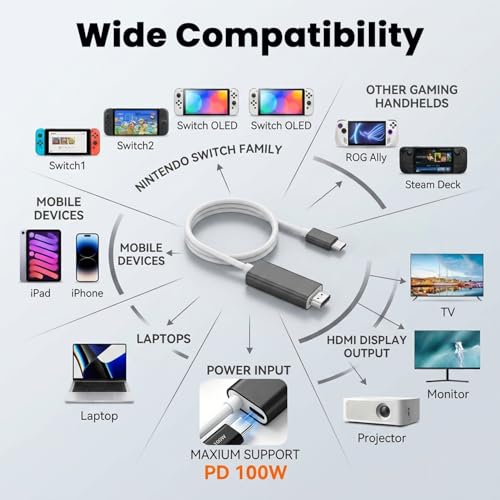 Image of Verilux Type C to HDMI Cable with Portable Dock, HDMI to Type C Cable with PD 100W Charging & 4K@60Hz HDR TV Dock Replacement for Switch 2 /1 /OLE, Plug & Play Travel Docking for Monitor, Projector, TV