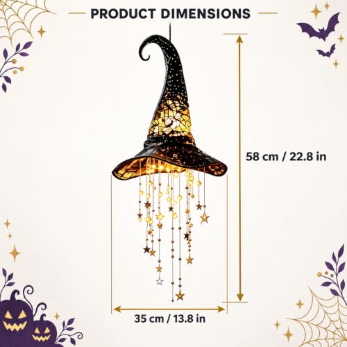 Halloween Witch Hat Hanging Decor Light, Battery Operated Lighted Witch Hat with Warm Glow, Hollow Cutout Design, Cascading Star Tassels and Wind Chime Effect for Indoor Porch Party Home Decorations - image 8