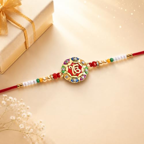 Image of DeoDap Rakhi with Chocolate & Pooja Thali for Brother - Ek Onkar Design Round Shape Rakhi with Chocolate, Silver Color Coin, Greeting Card, Pooja Thali & Tilak Set - Raksha Bandhan Combo Pack