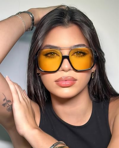 Image of GUVIVI Retro Oversized Aviator Sunglasses for Women Men Square Double Bridge Pilot Sun Glasses 70s Trendy Shades