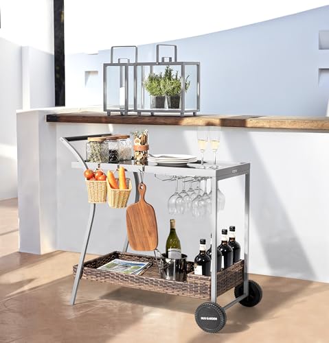 Outdoor Rolling Bar Cart with 2-Tier, Glass & Wicker Shelves Durable Steel Frame Front Wheels Wine Rack, Weather-Resistant Serving Cart for Patio, Garden, Poolside, Gray