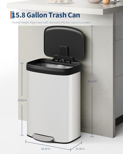 Image of Garvee 16 gal / 60 L Metal Trash Can with Lid, Large Garbage Can for Kitchen, Rustproof Step-on Kitchen Metal Trash Bin with Liner Rim, Rear Handle, Soft Close Plastic Lid, White
