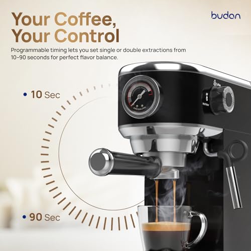 Image of Budan Bolt Espresso Machine | 19-Bar Pump | Milk Frother Wand for Espresso, Cappuccino, Latte & Mocha | Adjustable Frothing | Stainless Steel | Midnight Black | 1-Year Home Use Warranty only | 19 Bar Pump, Milk Frother Steam Wand for Cappuccino, Latte, 1450W Quick Heating, 1-Year Home Use Warranty