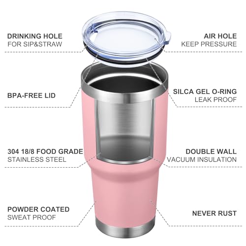 Image of MEWAY 30oz Insulated Tumbler With Lids and Straws,Stainless Steel Double Vacuum Coffee Tumbler Cup, Brush, Durable Powder Coated Coffee Cup for Cold & Hot Drinks, Office, Travel(Pink,4 PACK)