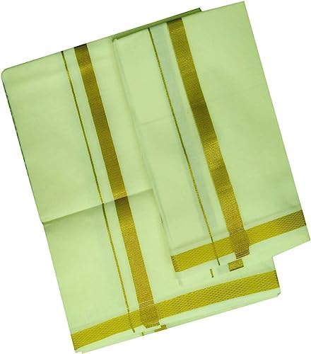 Kolakeer™ Men's Cotton 8x4 Zari Dhoti Angavastram Set - 3.6 Mtrs Veshti Mundu and 1.8 Mtrs Angavastram with Gold Zari Border3