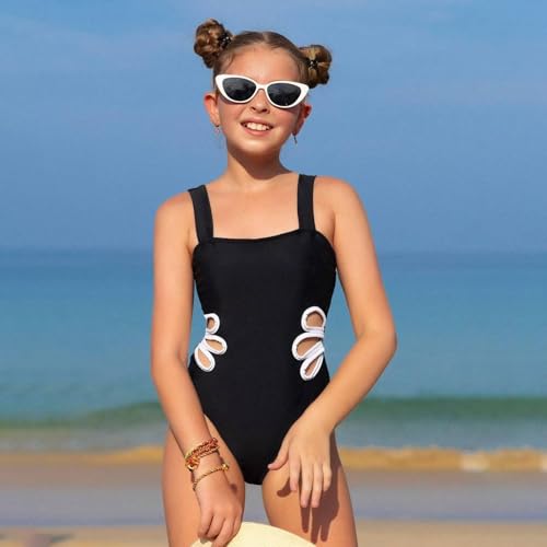 Girls Swimsuits Wide Straps Hollow Out One-Piece Bathing Suit Toddler Y2k Quick Dry UPF 50+ Beach Surfing Swimwear 7-12Y3