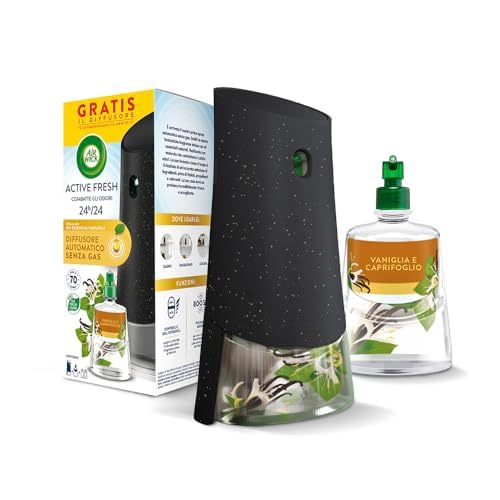 Airwick Active Fresh Deodorante per Ambienti, Confezione con 1 Diffusore Automatico senza gas, 1 Ricarica alla Fragranza Vaniglia e Caprifoglio 228ml, 2 Pile AA, Neutralizza Odori 24/7